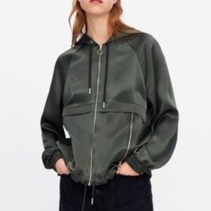 Zara Bomber Jacket Satin Athleisure Streetwear Sporty Dark Green Size Small